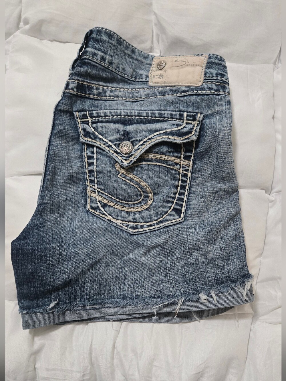 Silver Jeans Co. Distressed Blue Denim Shorts with Embroidered Pocket - Size 29